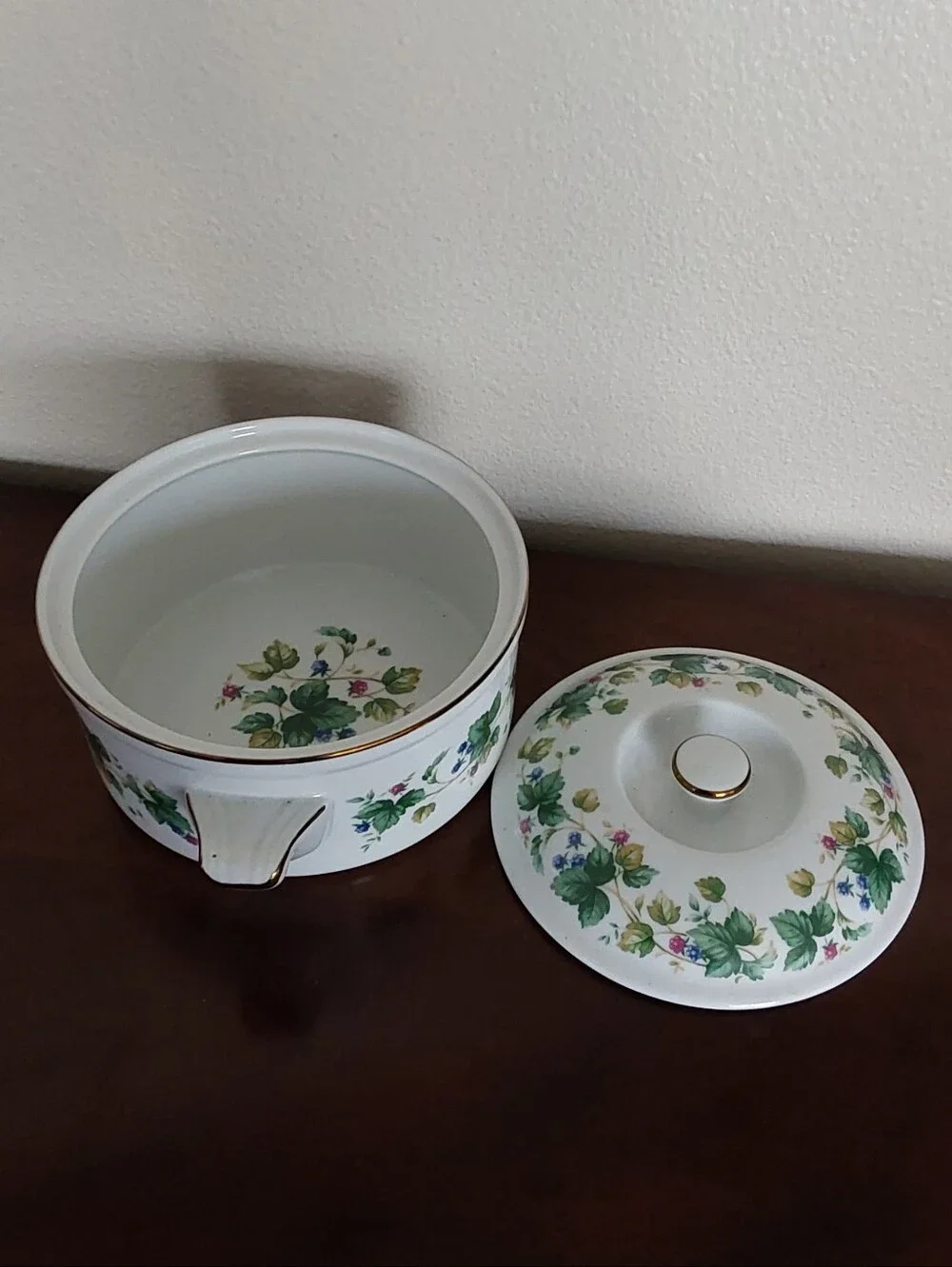 Porcelain Covered Casserole Dish with Green Floral Pattern